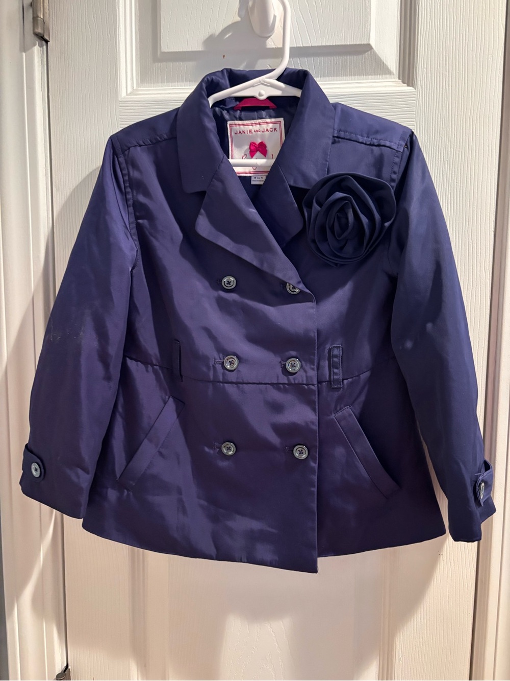 Janie and Jack Girls' Dark Navy Double-Breasted Jacket with Flower Accent